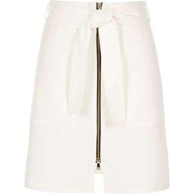 Cream belted zip-up A-line skirt